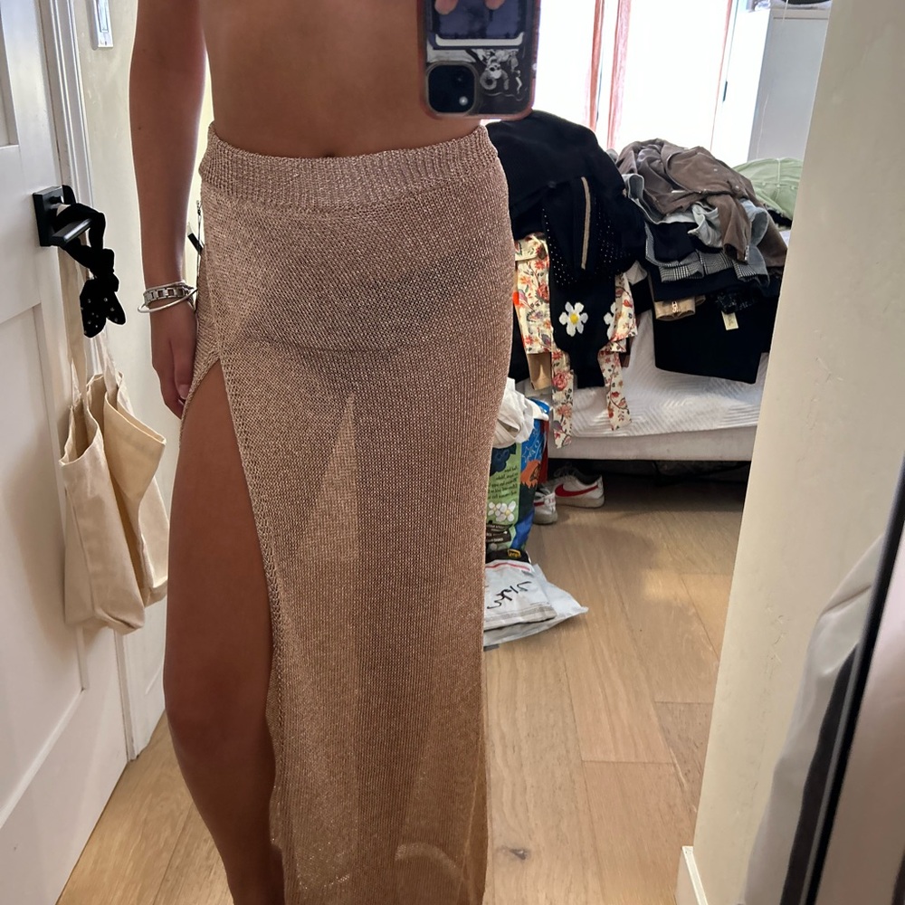 Superdown Tan Maxi Skirt with Slit for Night Out